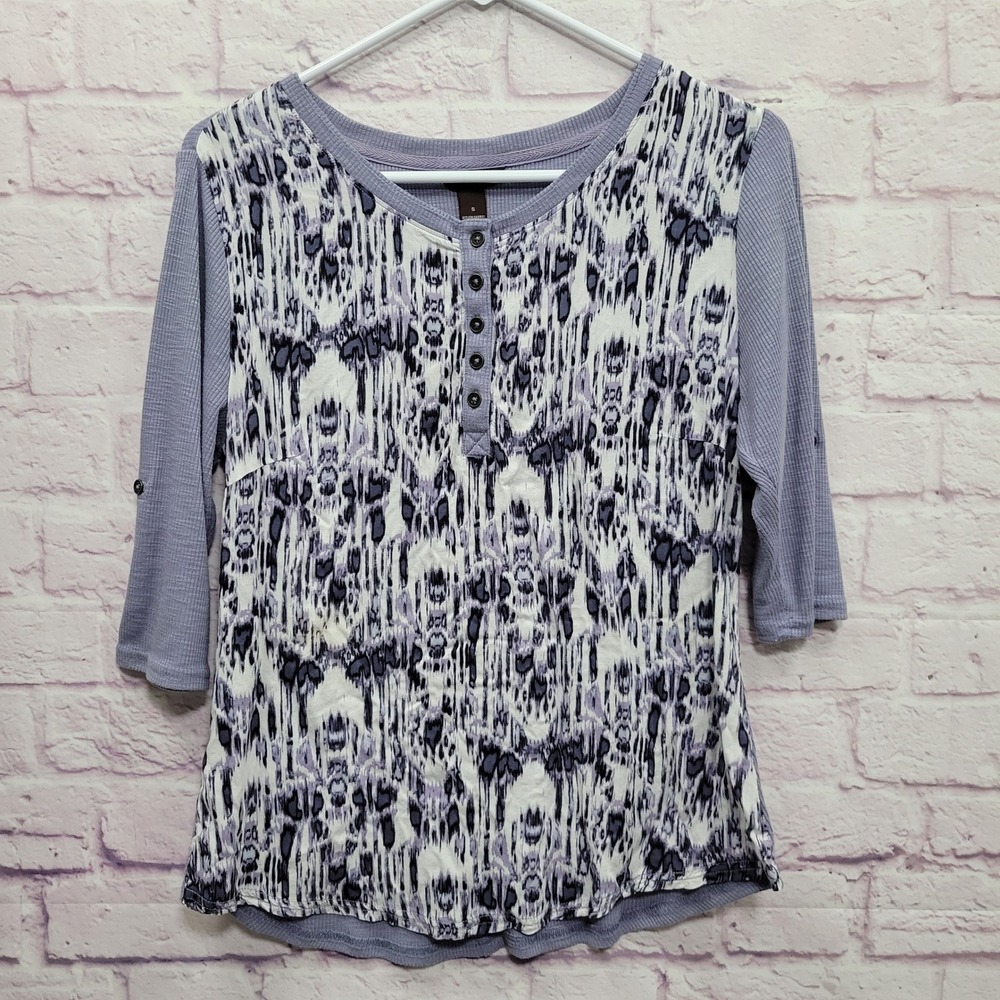 Bit & Bridle Ikat Print Henley Top S Lavender Waffle Knit 3/4 Sleeve Y2K Boho